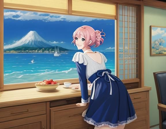 Smiling Couple Watching Sea in Anime Style