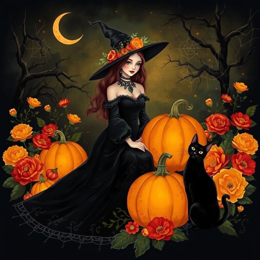 Whimsical Witch with Cat and Lantern-Lit Pumpkins