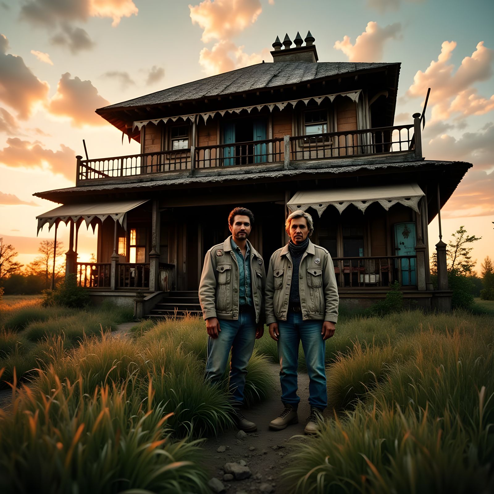 Surreal Sunset Scene Depicts Two Brothers in Front of Whimsi...