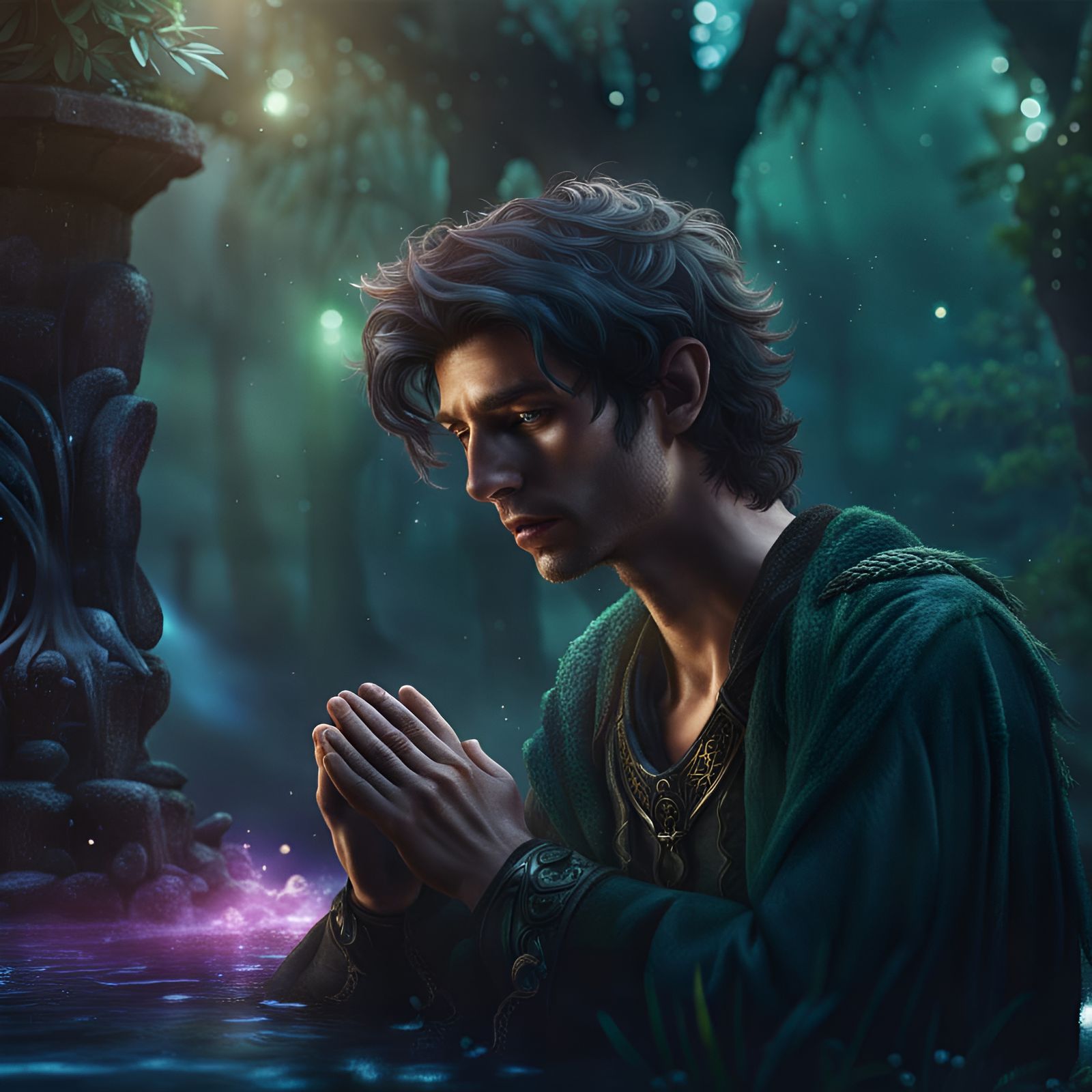 Elf Praying in Forest: Detailed Fantasy Art