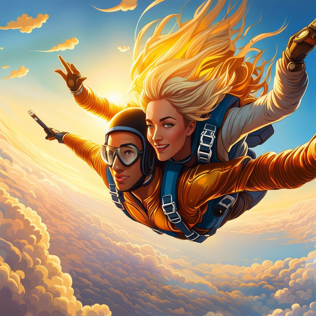 Golden Hour Skydiver in Free Fall: Cel-Shaded Portrait