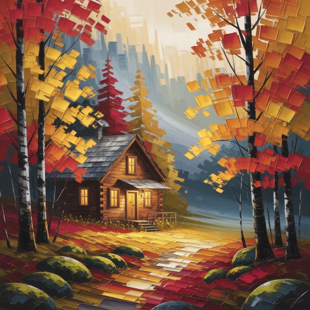 Autumn Cabin in Forest as Impasto Oil Painting