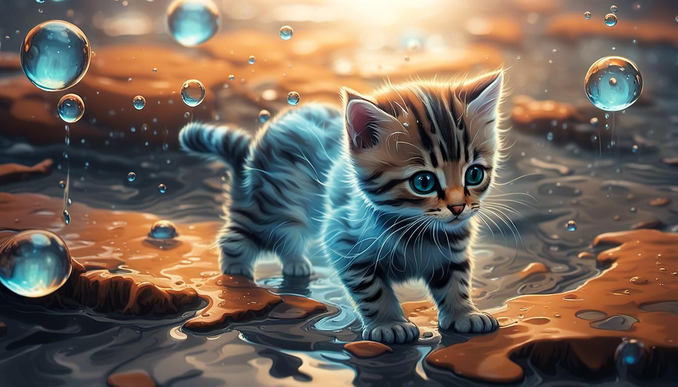 Kitten Drinks From Puddle in Macro Photography