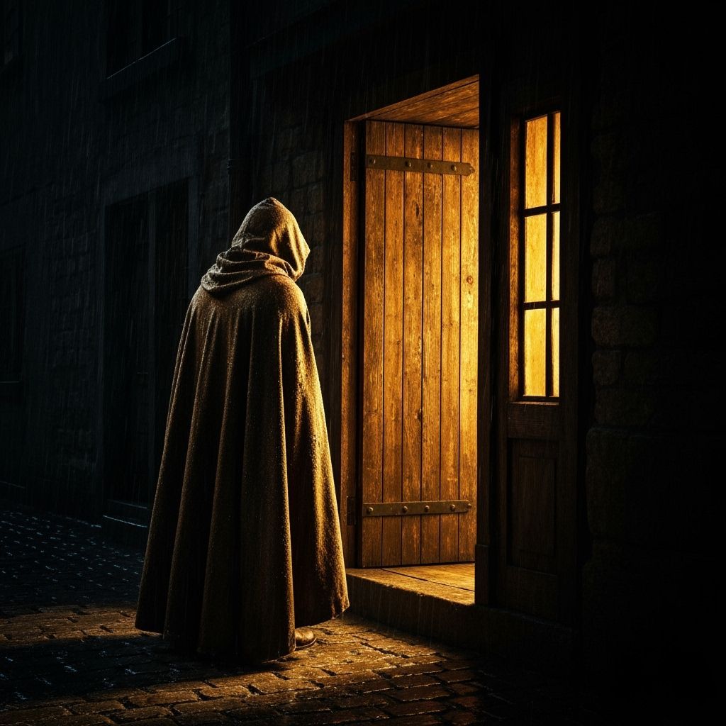 Mysterious Figure Enters Tavern in Dramatic Chiaroscuro