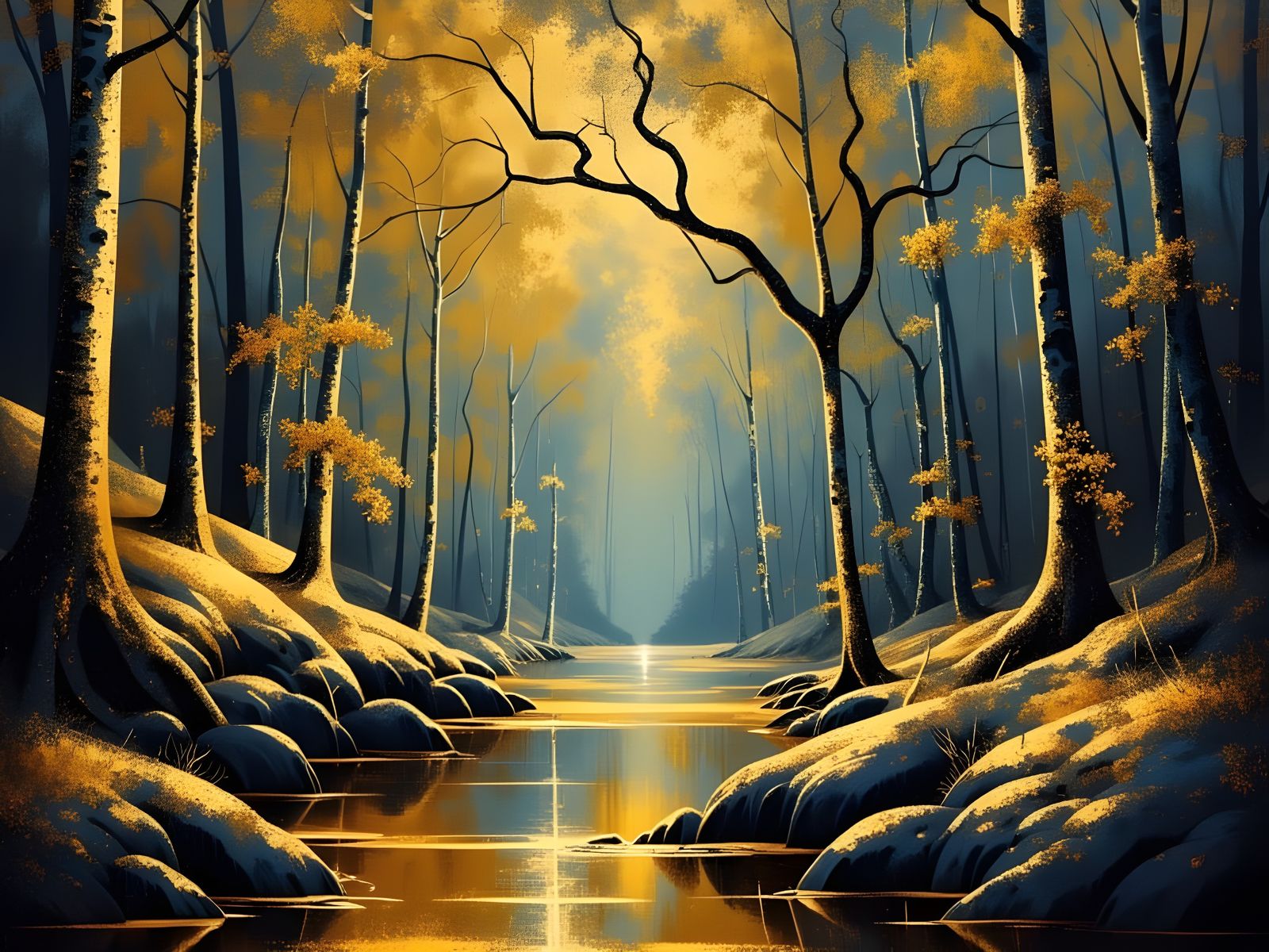 Mystical Golden Ocean with Glitchy Lighting