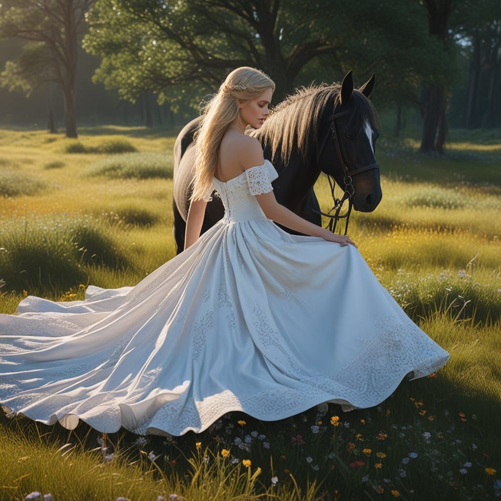 Serene Fantasy Scene with Flaxen Blonde Woman and Black Stal...