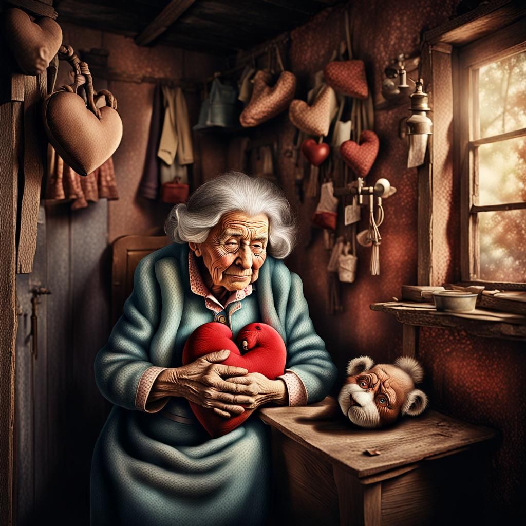 Vintage Photo of Old Woman with Stuffed Heart