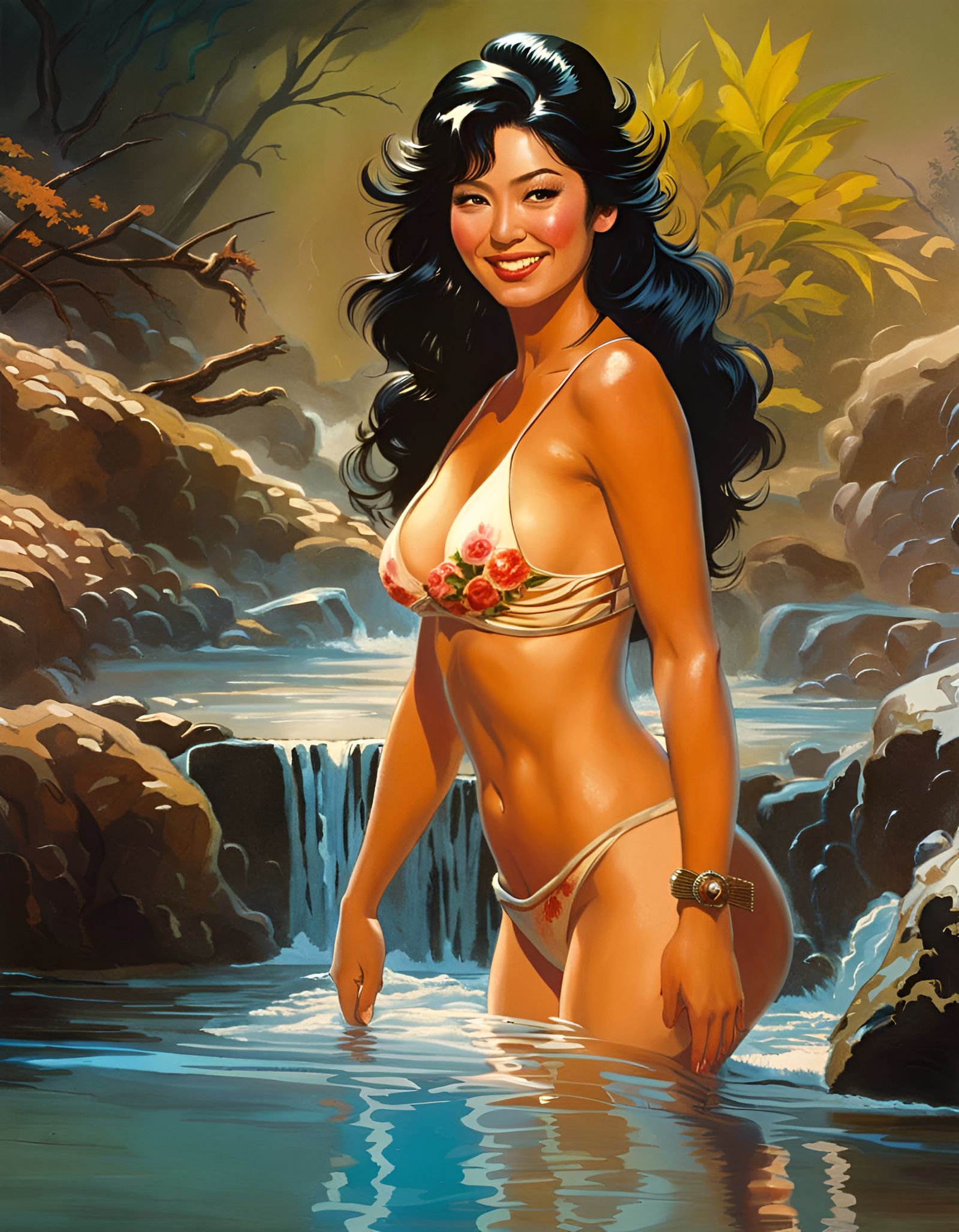 Japanese Woman in Hot Spring: Fantasy Art