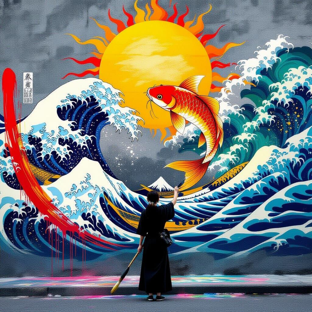 Street Artist Paints Vibrant Koi Mural on Brick Wall