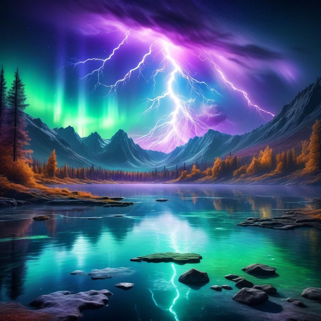 Cosmic Moonlit Lake Under Aurora in Fantasy Style