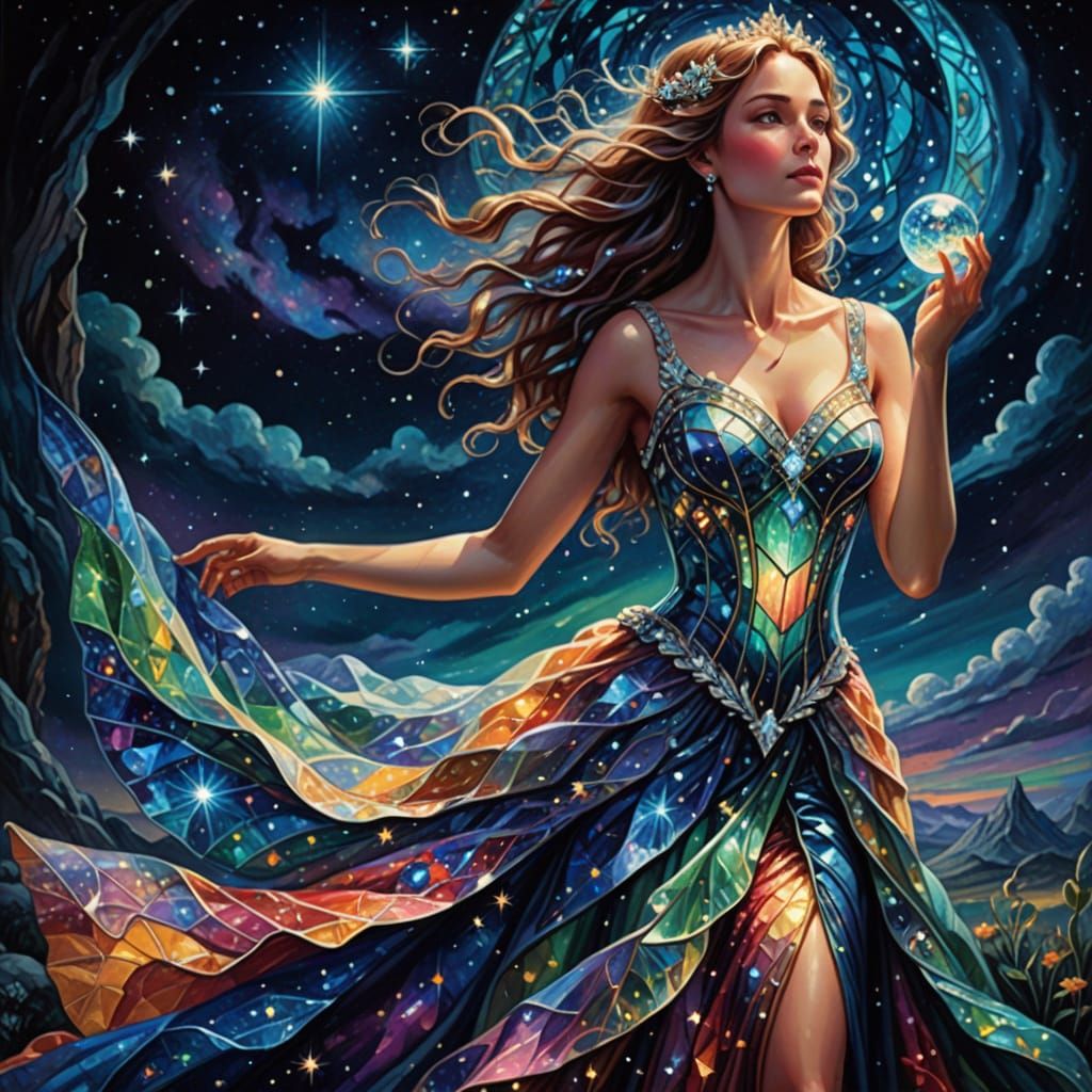 Surreal Goddess Adorned with Celestial Jewels in a Cosmic Ni...