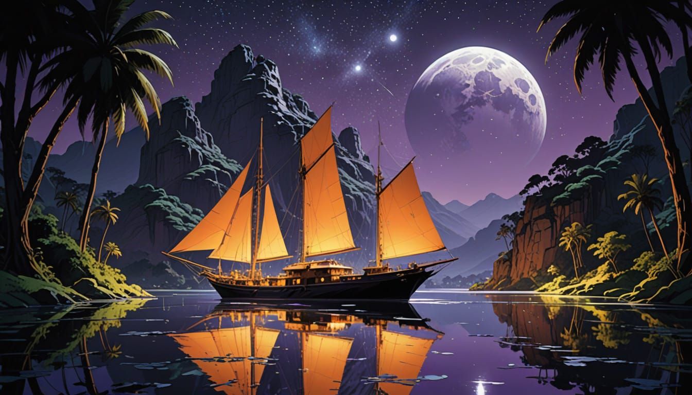 Golden Sailing Vessel Under Celestial Canvas