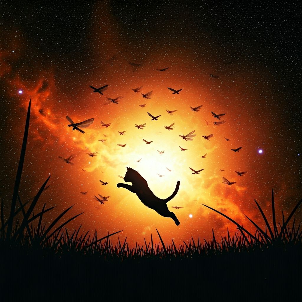 Cat Chasing Grasshoppers at Sunset