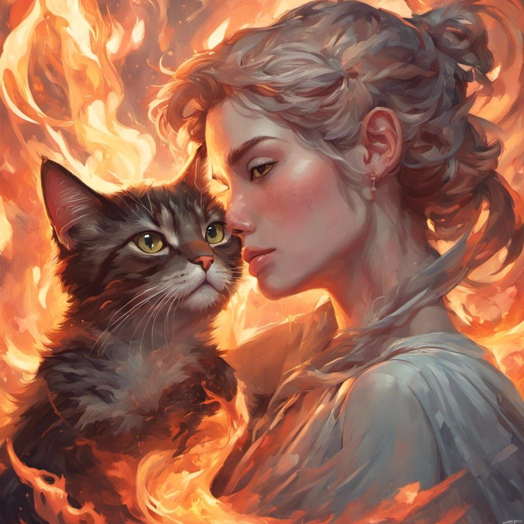 Romantic Cats by Fire: Hyperdetailed Art Nouveau Portrait