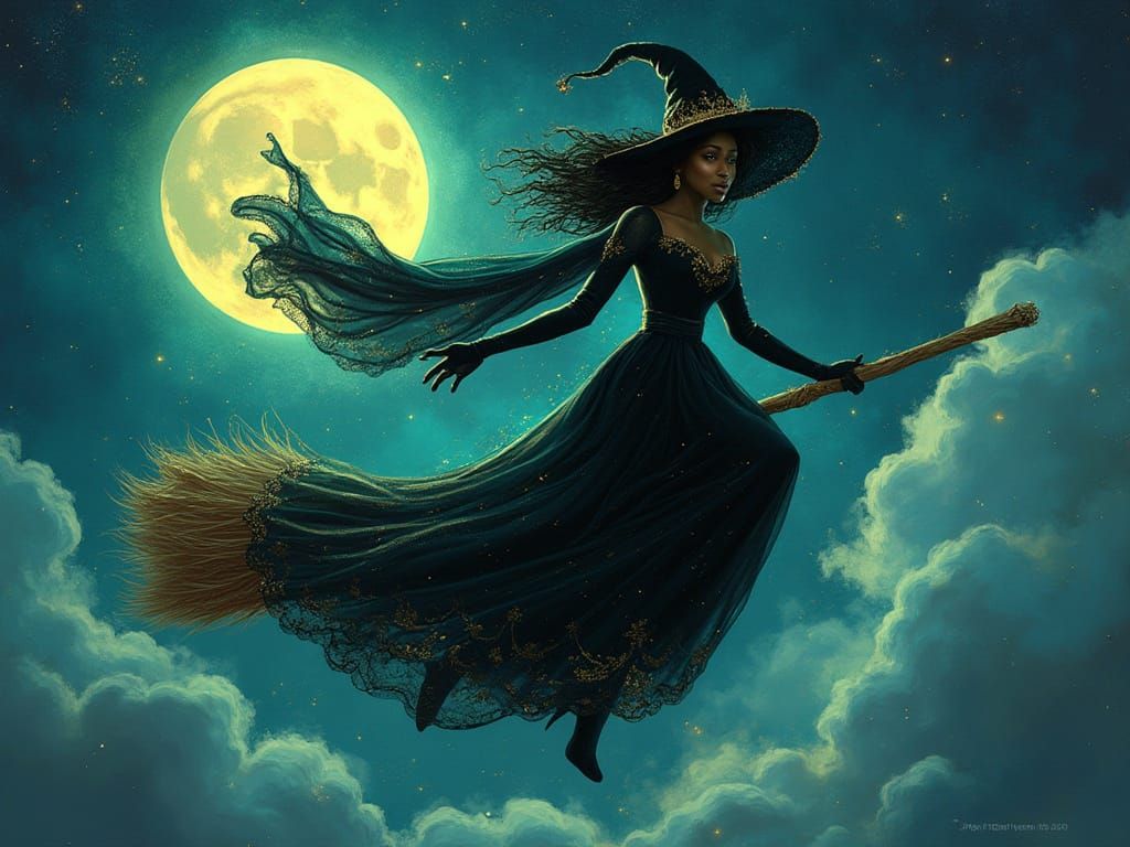 Regal Elphaba soars through the Moonlit Sky in a Flowing Bla...