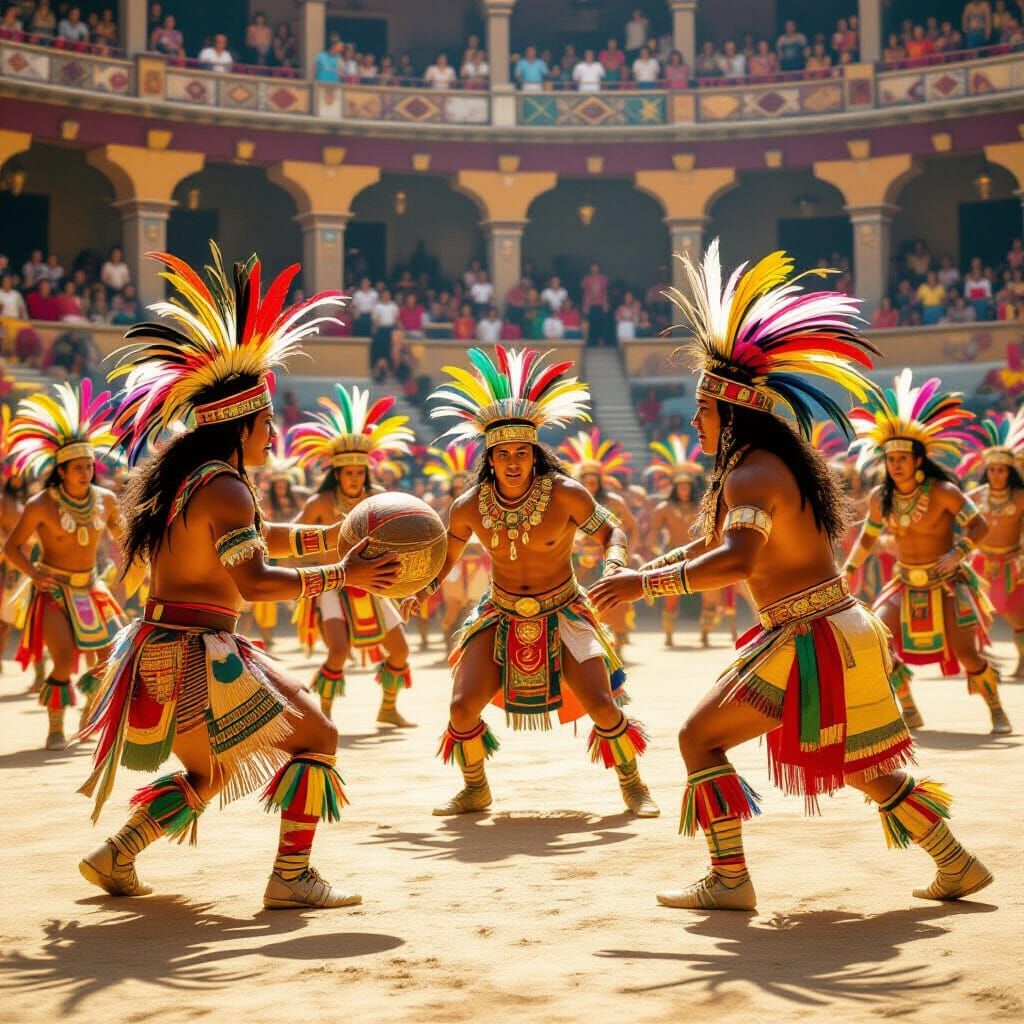 Inca Ball Game Players in Vibrant Ceremonial Attire