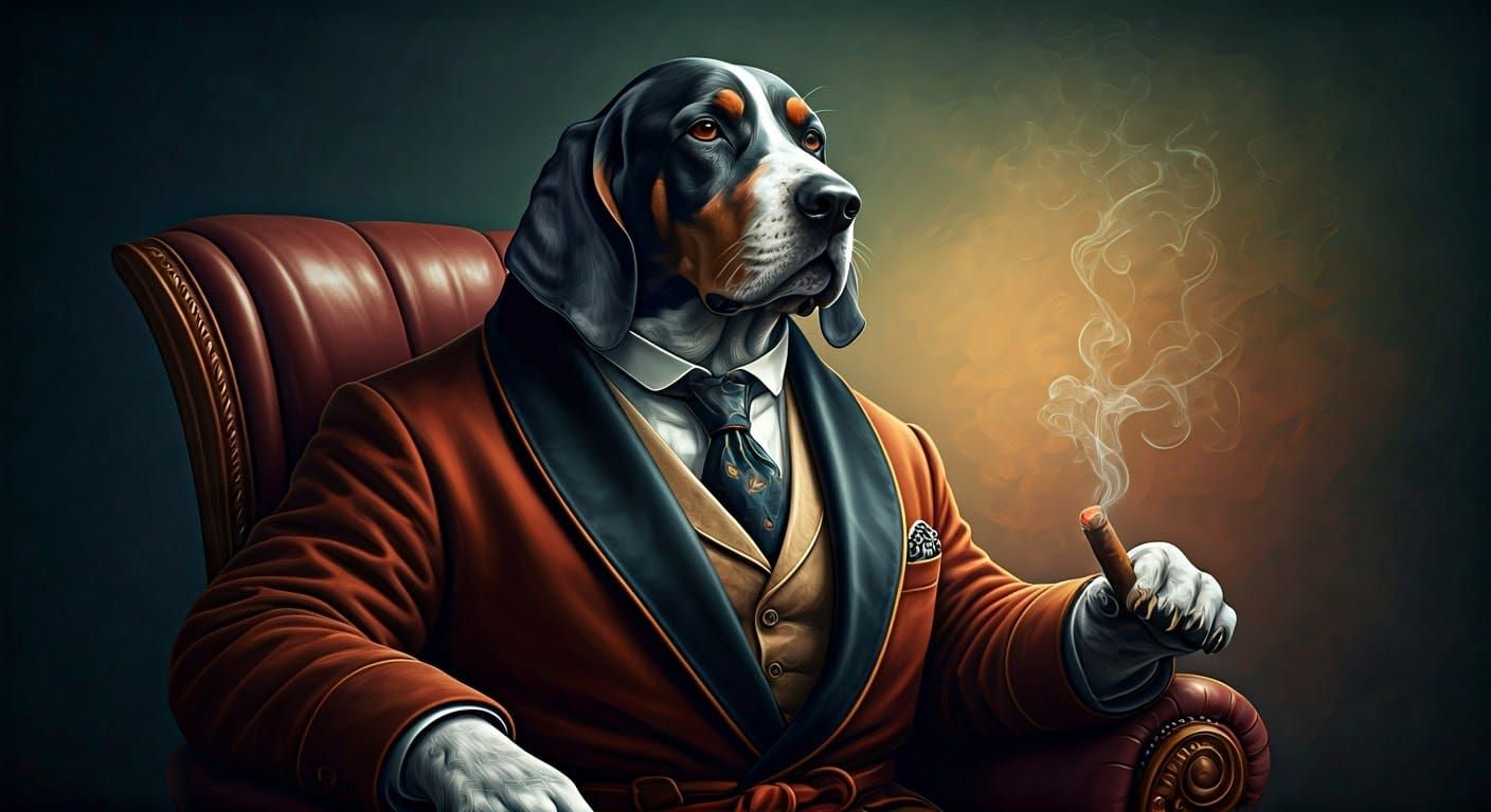 Sophisticated Hound Dog in Velvet Smoking Jacket