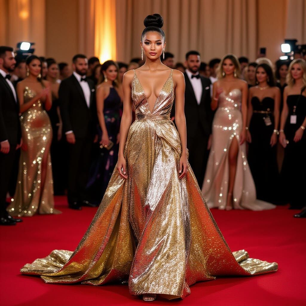 Girl in Gold Gown on Red Carpet