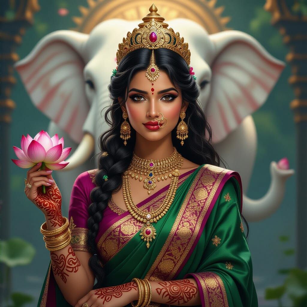 Regal Indian Goddess Devasena with Elephant