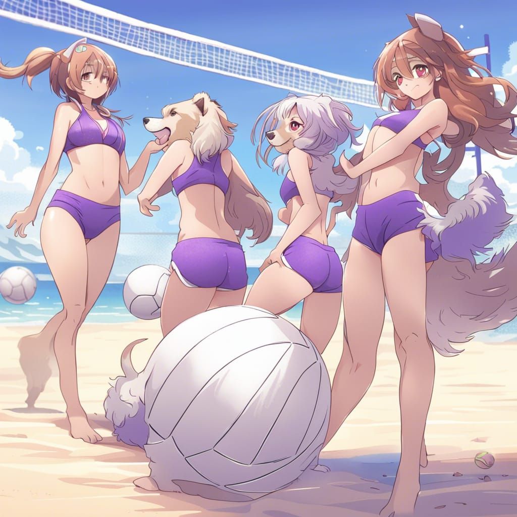 Dogs Play Volleyball on Purple Beach in Anime Style