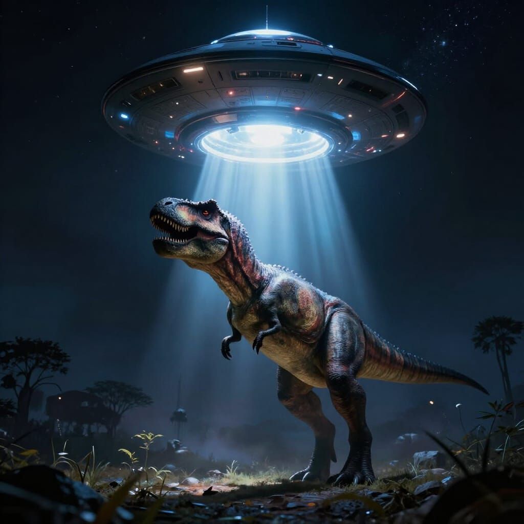 UFO Abducts Terrified T-Rex in Photorealistic Style