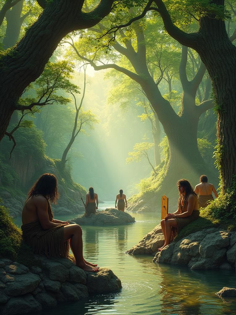 Prehistoric Warriors in Lush Forest, Surreal Art