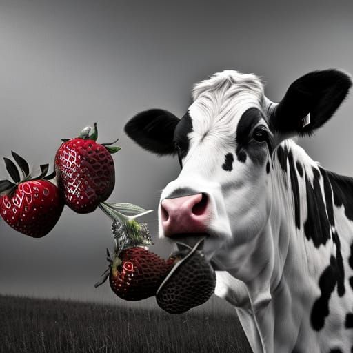 Surreal Cow Eating Strawberries in Hyperrealistic Style