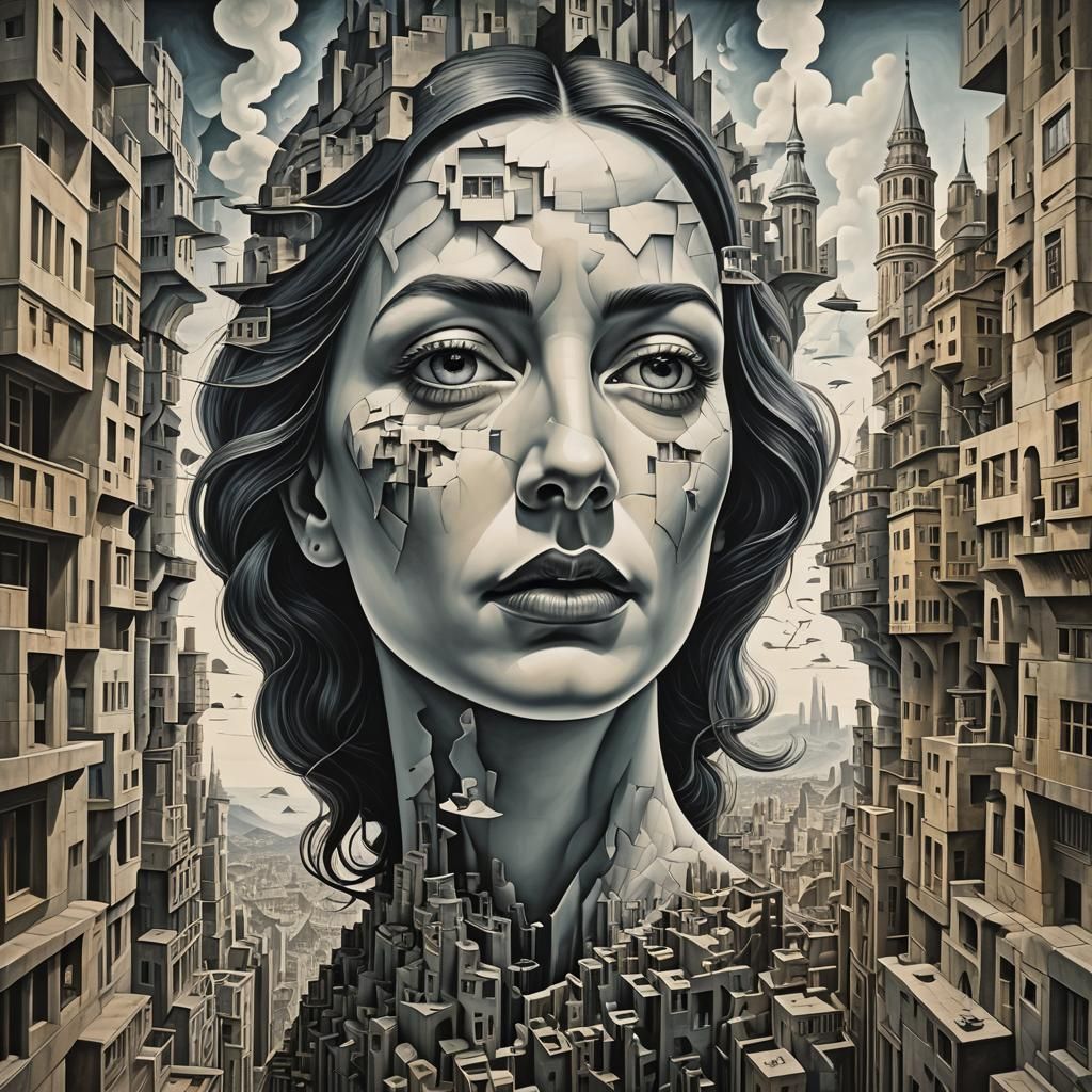 Surreal Cityscape: A Woman's Face in Impossible Geometry