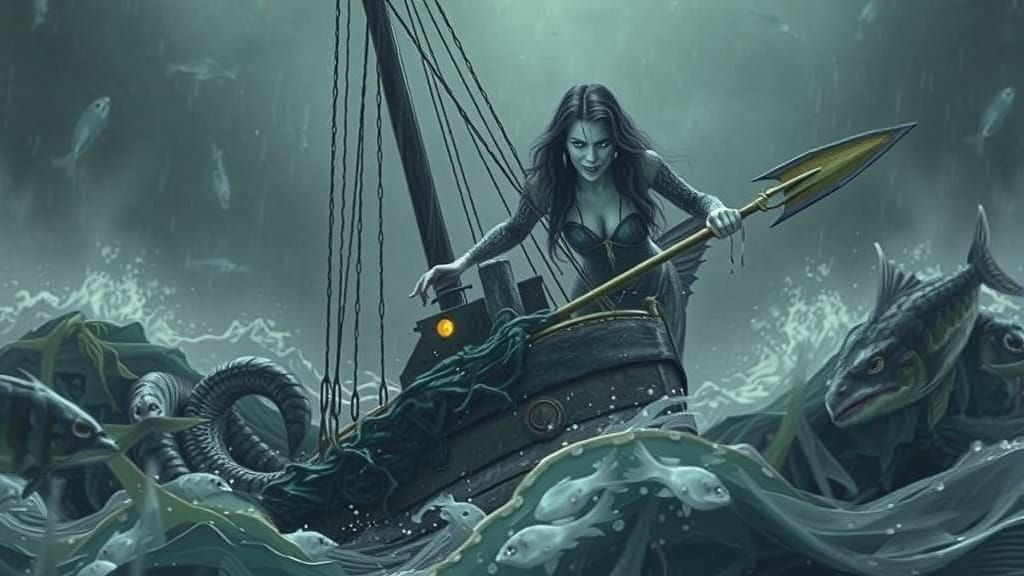 Sinister Mermaid with Spear on Sinking Ship in Storm