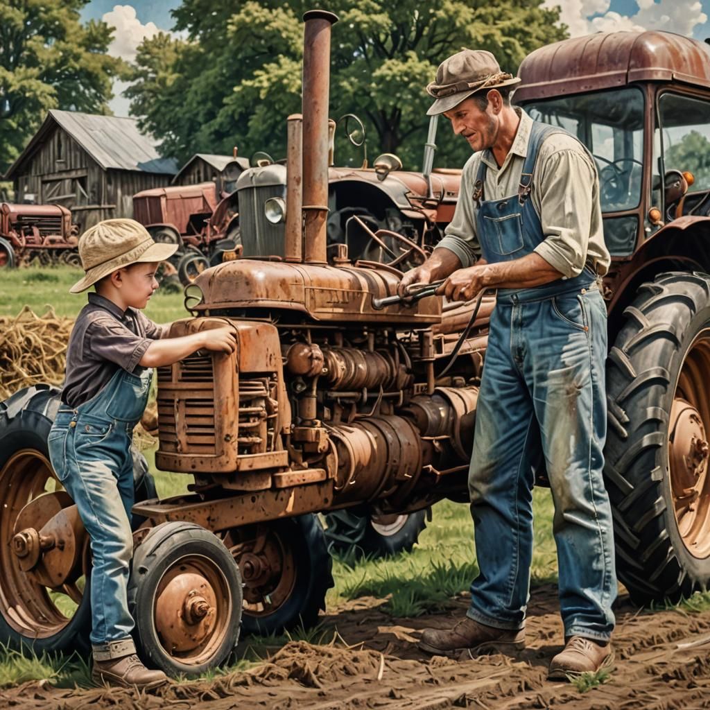 Vintage Tractor Repair with Baby Mechanic: Hyperrealistic Po...