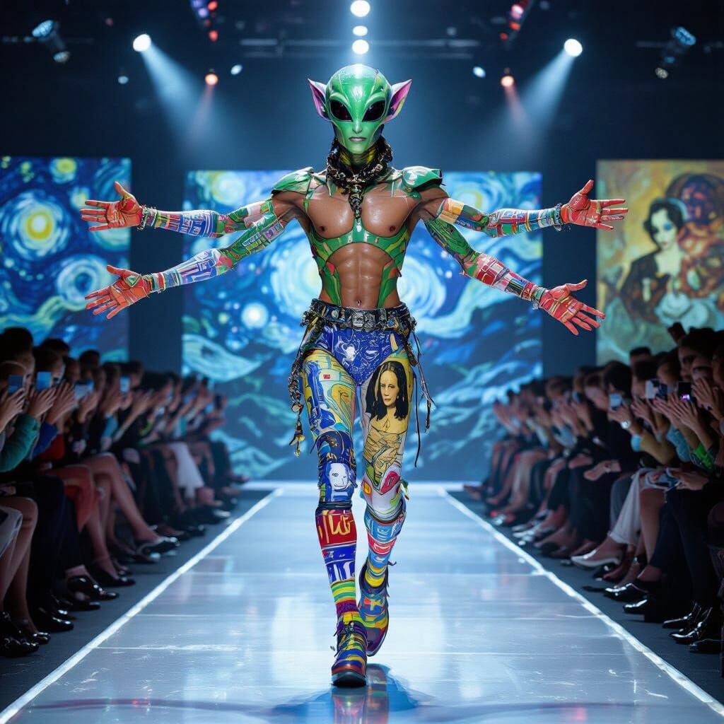 Alien Struts Runway in Socks Featuring Famous Art