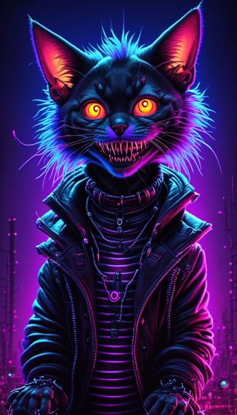 Cyberpunk Cyborg Cat Portrait with Evil Smile