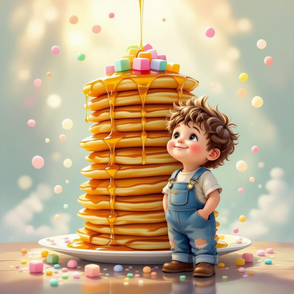 Boy Sprite and Towering Pancake Stack in Ethereal Style