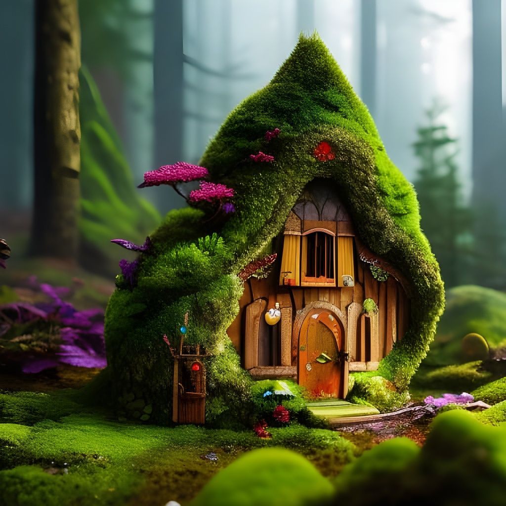 Enchanted Miniature Fairy House in Forest, Detailed Art