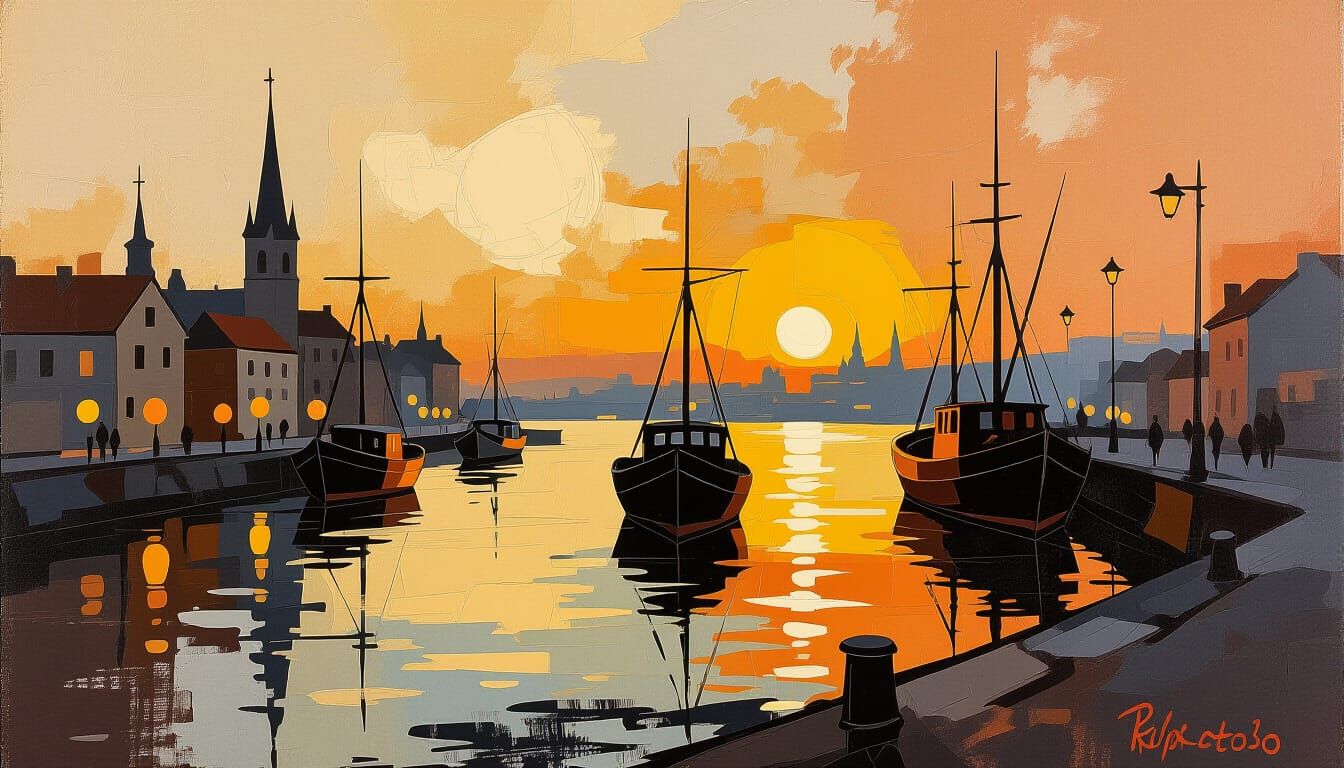 Kafkaesque Autumn Harbor Scene with Heavy Impasto