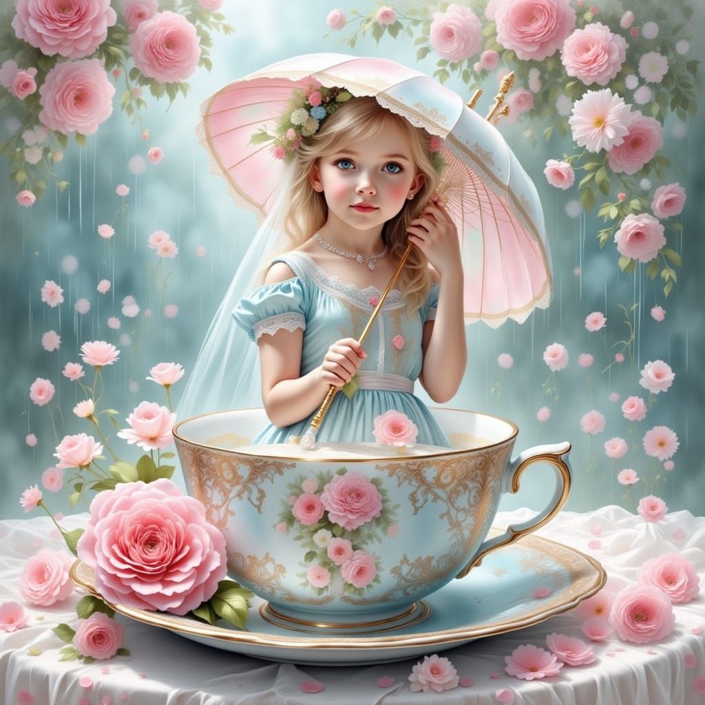 Woman in Coffee Cup: Pastel Watercolor Dream