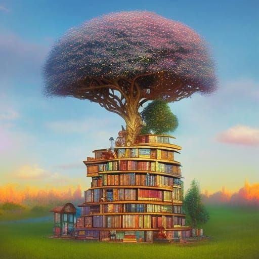 Cute Treehouse Library in Watercolor Storybook Style
