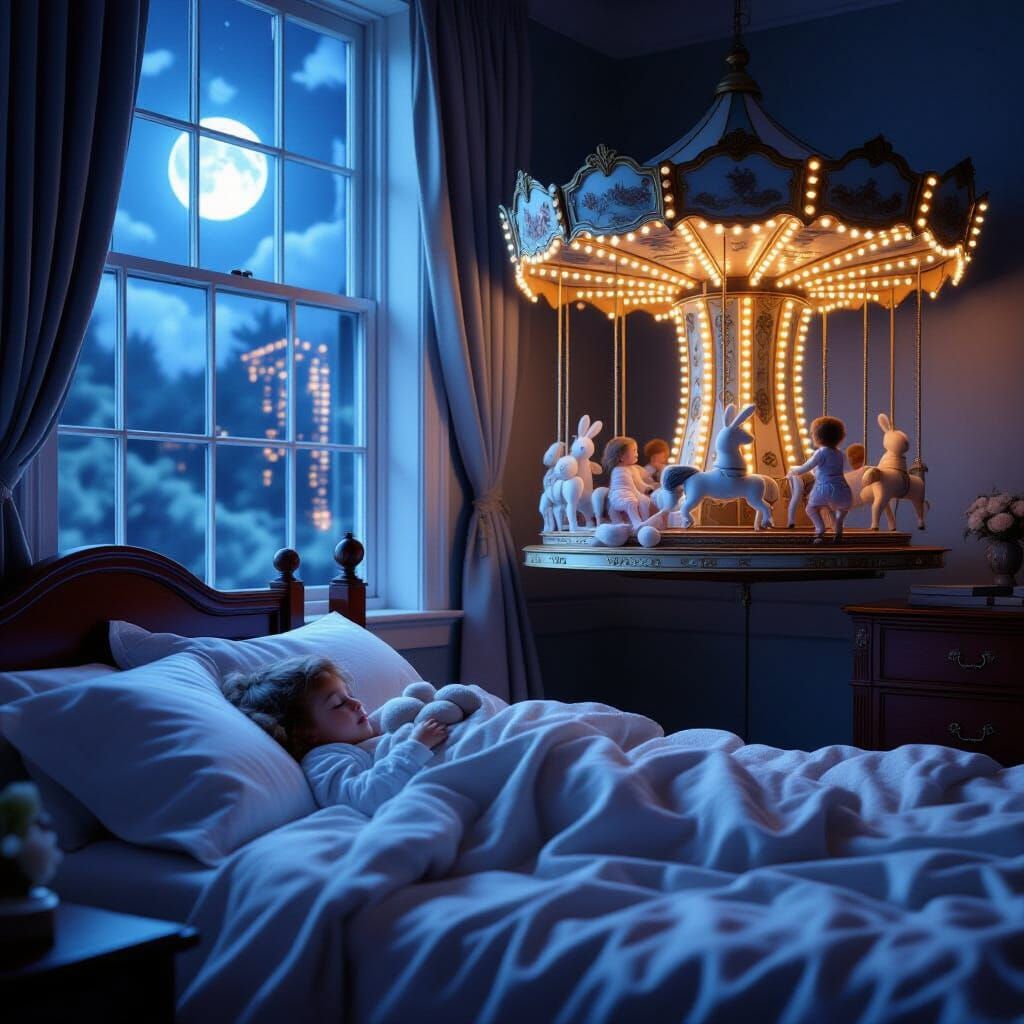 Child's Dreamscape: English Bedroom Meets Neon Carousel