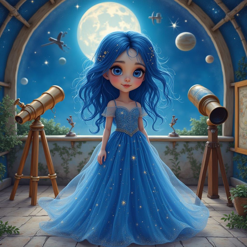 Sapphire Girl in Observatory, Colored Pencil Style