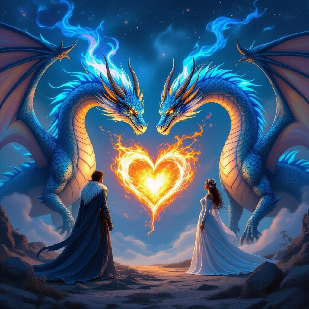 Ethereal Dragons Breathe Fiery Heart in Cosmic Fantasy Style