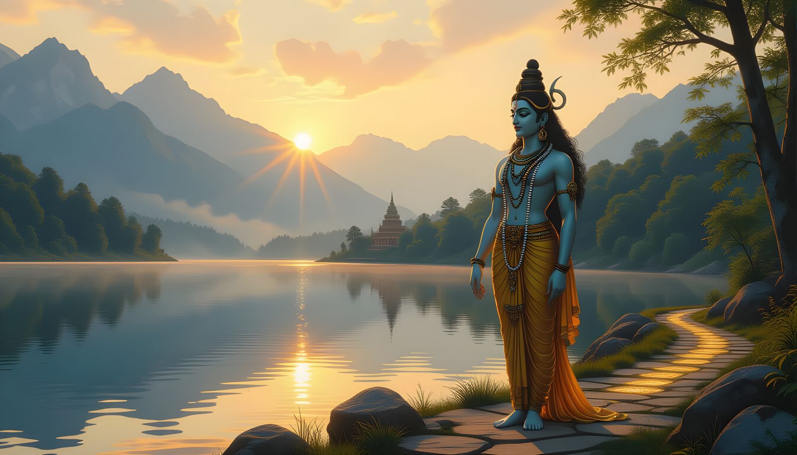 Luminous Androgynous Figure at Dawn in Art Nouveau Style