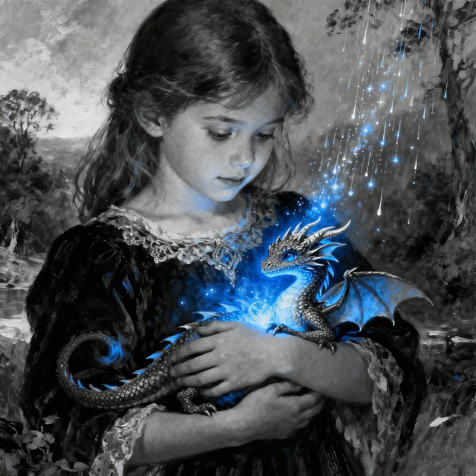 Monochrome Girl Cradles Glowing Dragon in Oil Painting Style