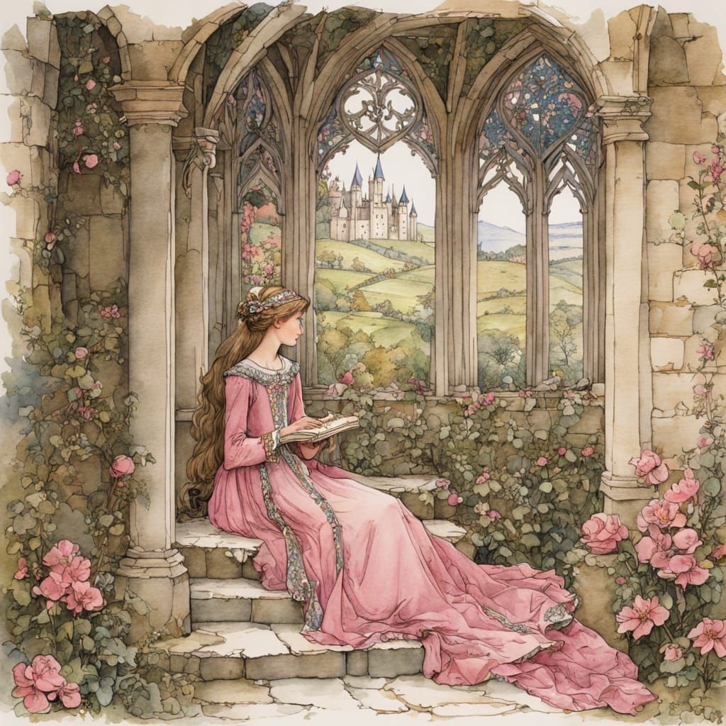 Medieval Maiden with Key in Castle Interior