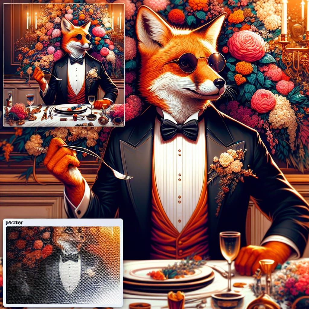 Anthropomorphic Fox in Tuxedo at Elegant Banquet
