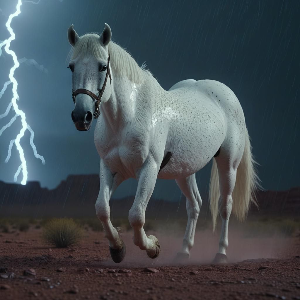 White Mare in Desert Rain: Cinematic Digital Painting