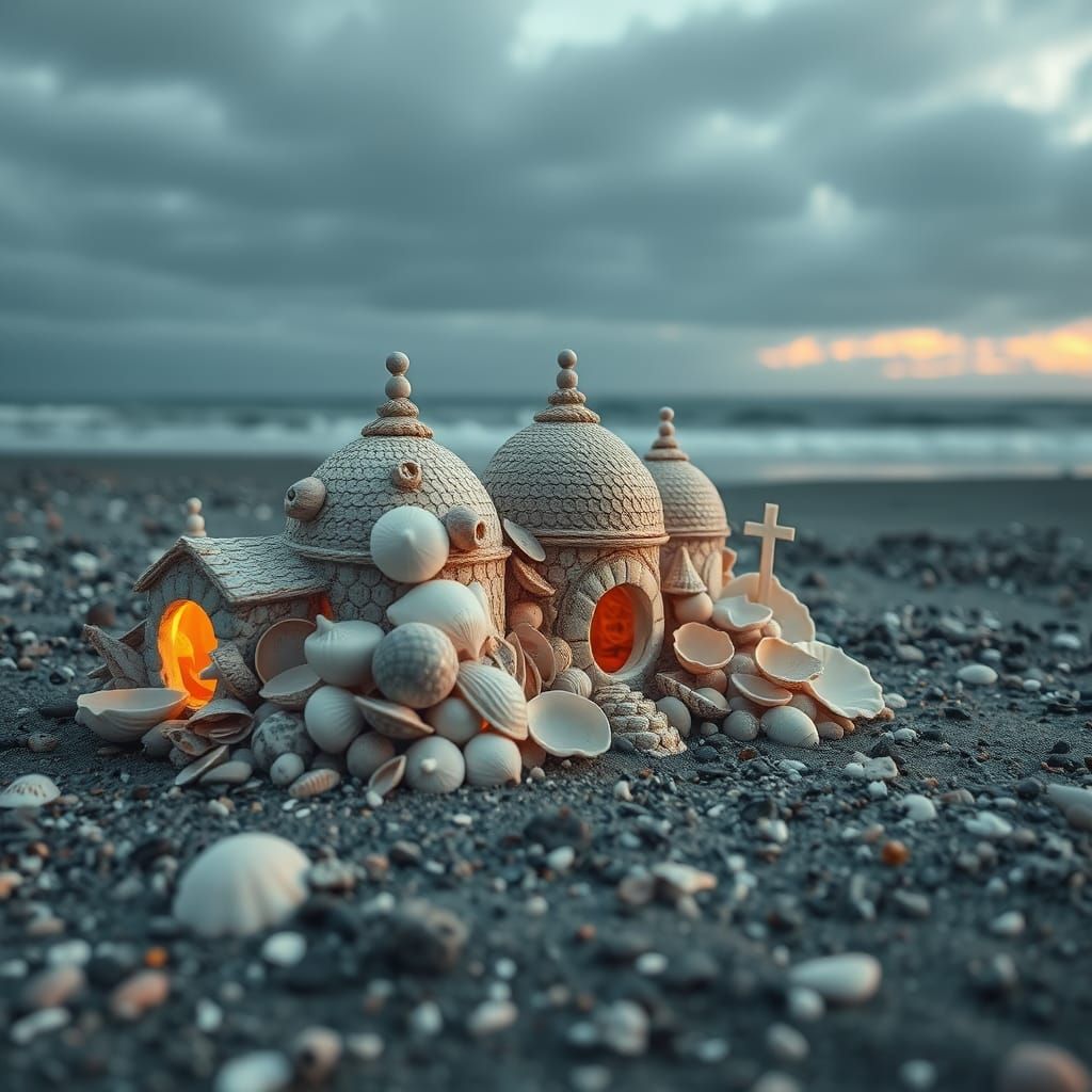 Beach Display of Intricate Shell Village Sculpture