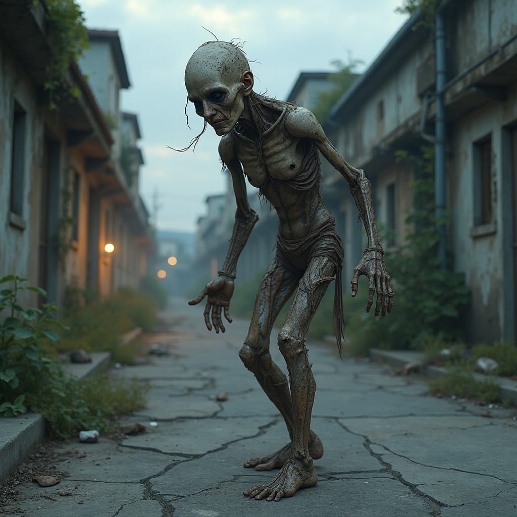 Decaying Humanoid Figure in Abandoned Cityscape
