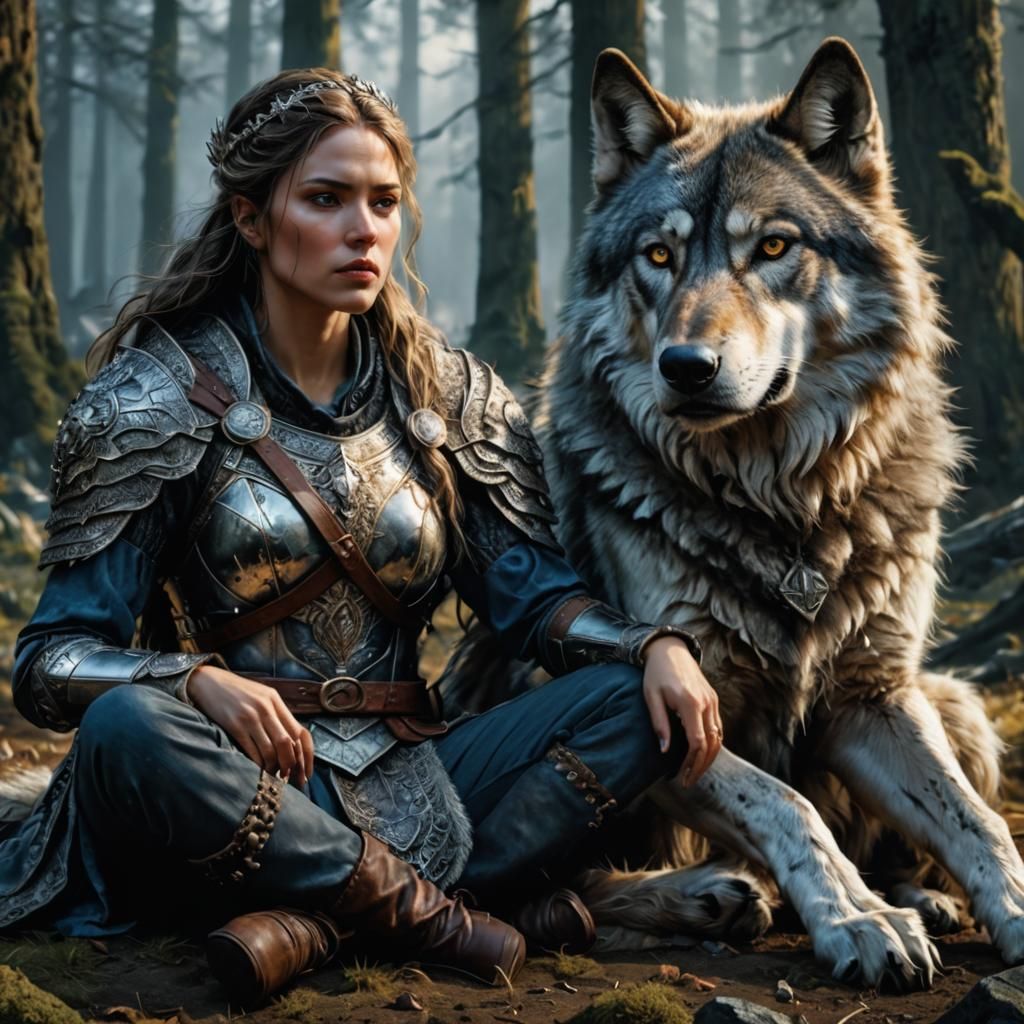 Female Warrior and Wolf in Photorealistic Mixed Media