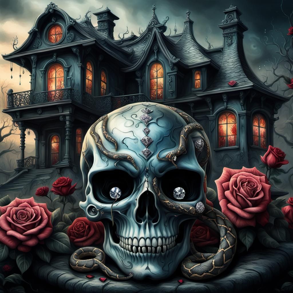 Surreal Skull with Roses and Horror House