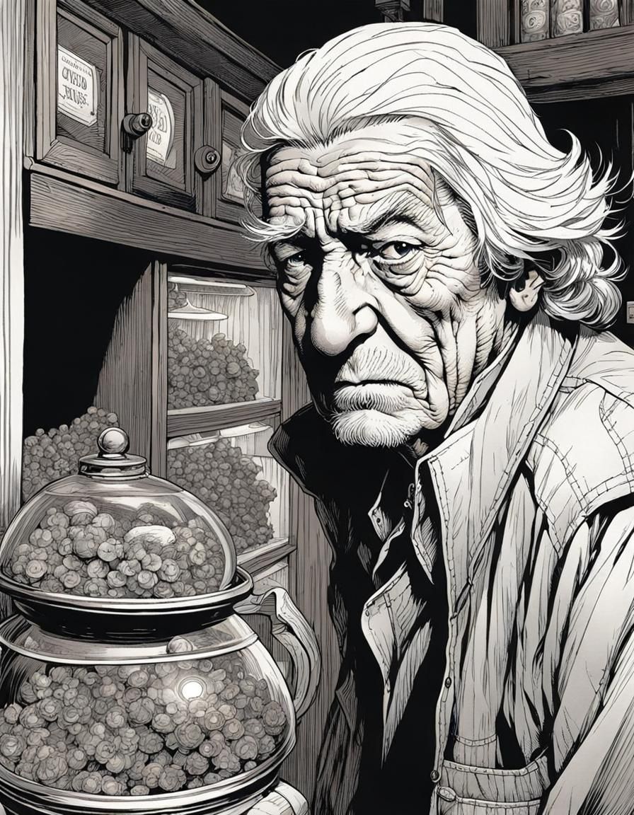 Elderly Jewel Thief in Pen and Ink Portrait